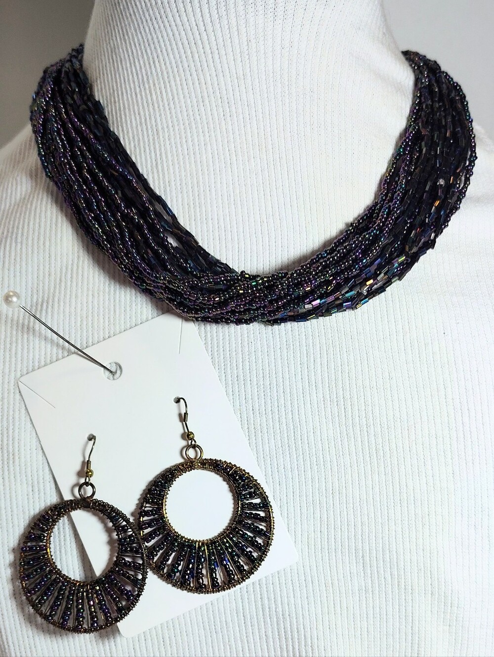 Multi-Strand Dark Iridescent Purple  Black Beaded Necklace Matchin Hoop Earrings